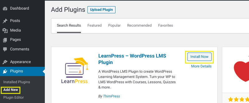 L'option pour installer le plugin LearnPress dans WordPress.