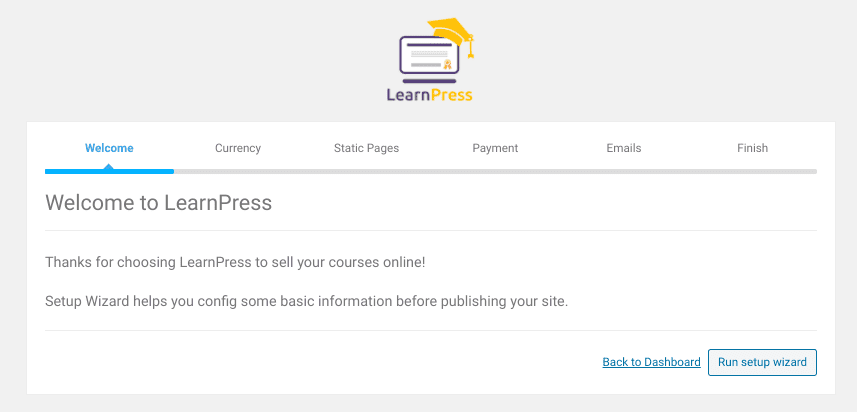 L'écran de bienvenue du plugin WordPress LearnPress LMS.