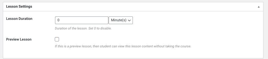 La section des paramètres de la leçon dans un cours LearnPress WordPress.