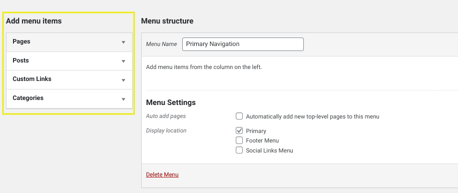 La section 'ajouter des éléments de menu' dans WordPress.