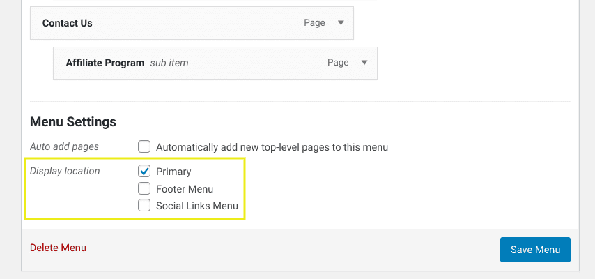 Le menu affiche les paramètres de localisation dans WordPress.
