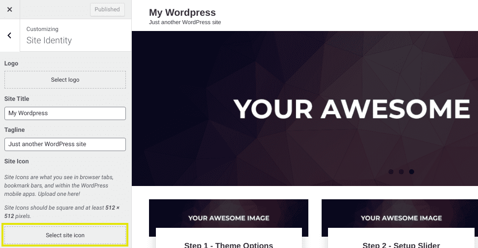 La section Identité du site du personnalisateur du thème WordPress pour télécharger un favicon.