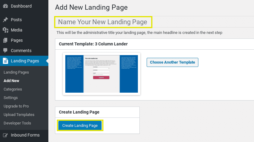 L'ajout d'une nouvelle page d'atterrissage du plugin WordPress Landing Pages.