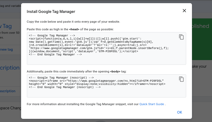 Fenêtre contextuelle des extraits de code pour un nouveau compte Google Tag Manager.