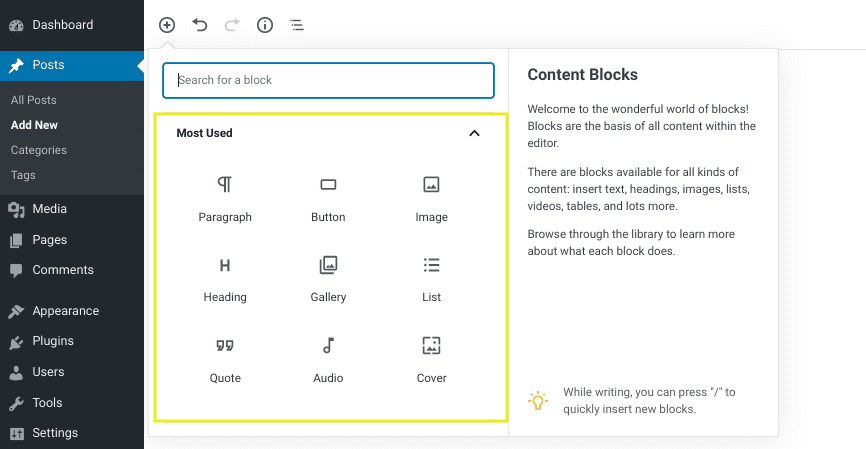 The WordPress Gutenberg editor content blocks.