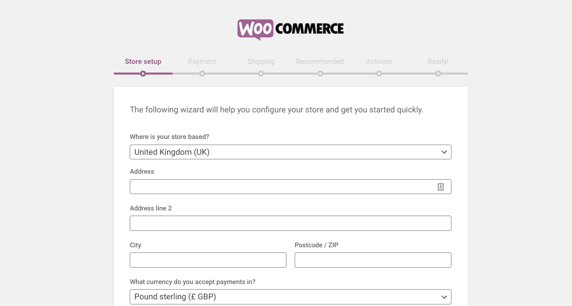 The WooCommerce installation wizard in WordPress.