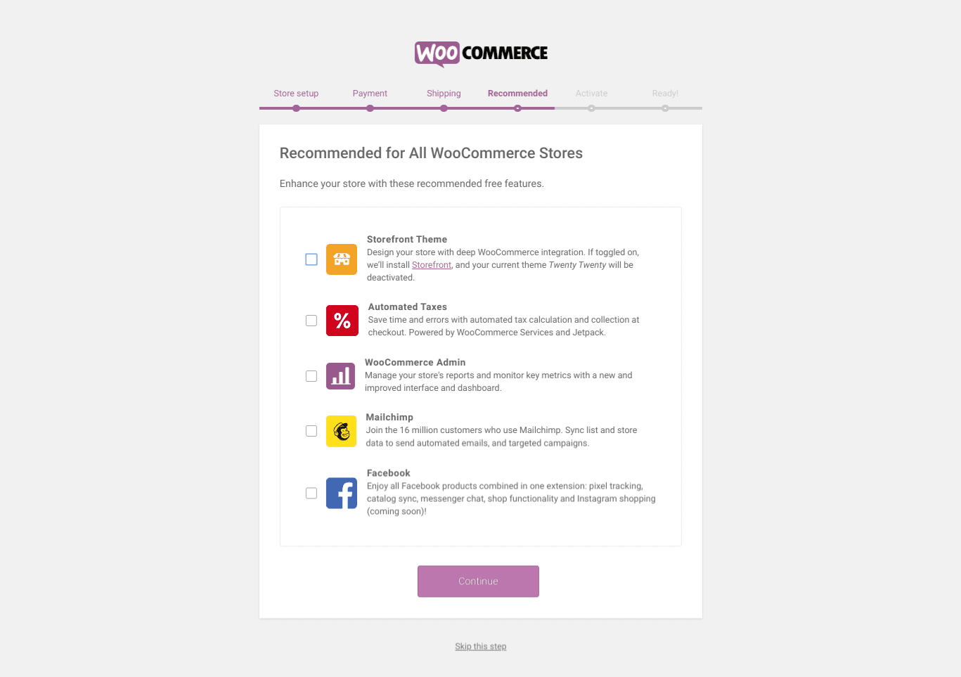 The recommended extensions page on the WooCommerce installation wizard.