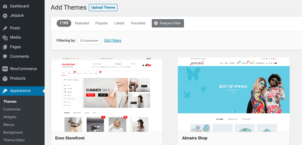WordPress themes filtered by the e-commerce feature.