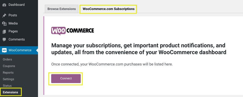 The WooCommerce settings page to connect WordPress and WooCommerce subscriptions.