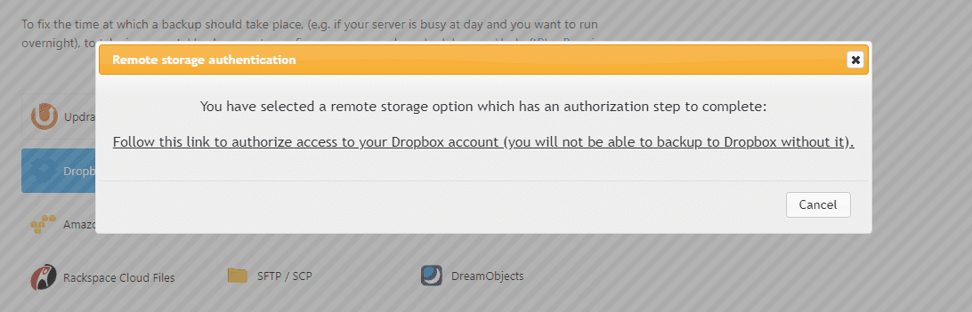 Autoriser UpdraftPlus à se connecter à Dropbox.