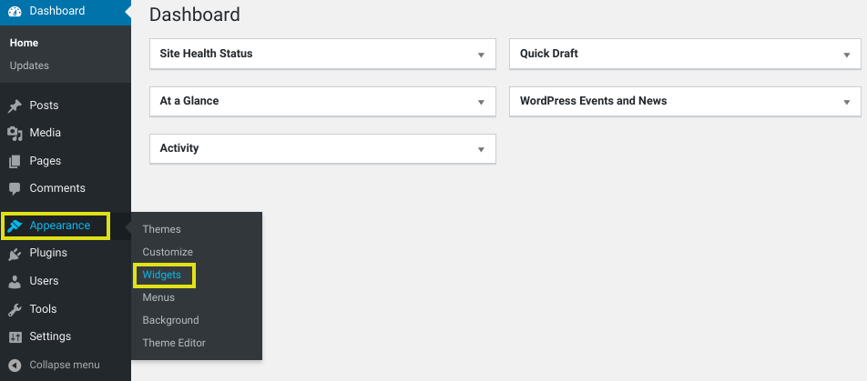 L'élément de menu pour 'Widgets' dans le tableau de bord de WordPress.