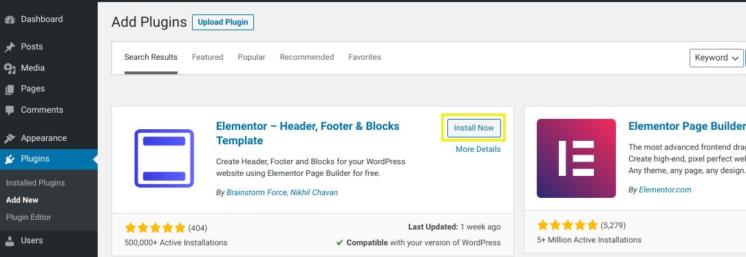 L'option pour installer le plugin Elementor Footer Template dans WordPress.