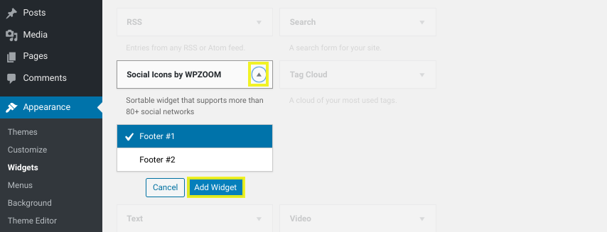 L'écran de paramétrage pour ajouter un widget Social Icons à un pied de page WordPress.