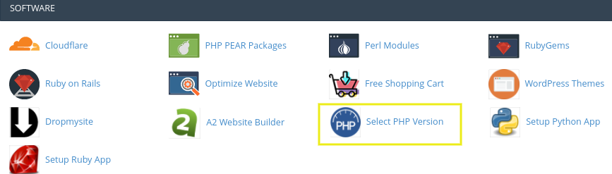 L'outil 'Select PHP Version' de cPanel.