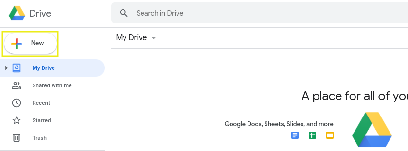 L'option pour ajouter un nouveau fichier à Google Drive.