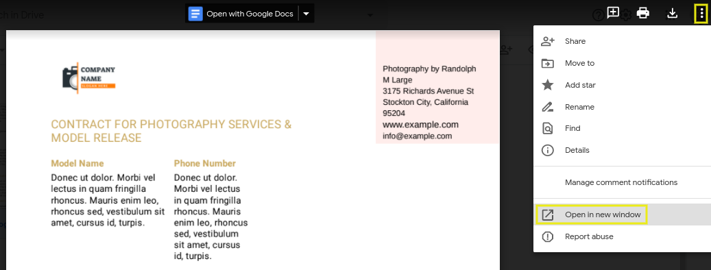 L'option d'ouvrir un PDF Google Drive dans une nouvelle fenêtre.