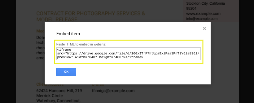 Le code HTML intégré au PDF dans Google Drive.