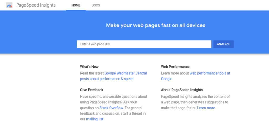 Le site Web de Google PageSpeed Insights.