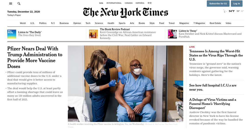 Le site web du New York Times.