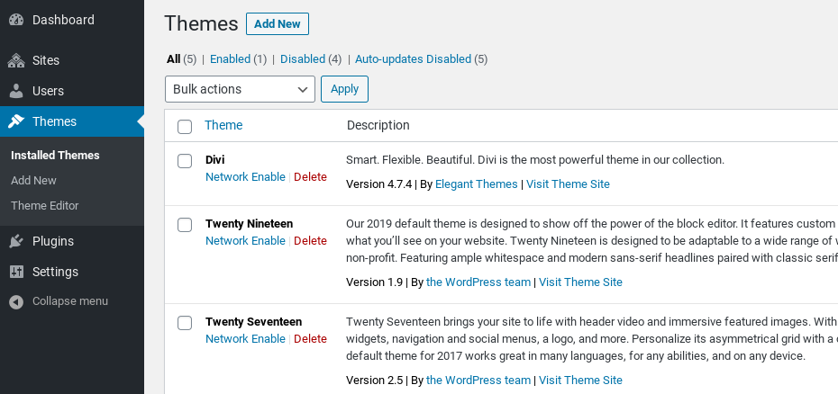 Page des thèmes du réseau WordPress Multisite.