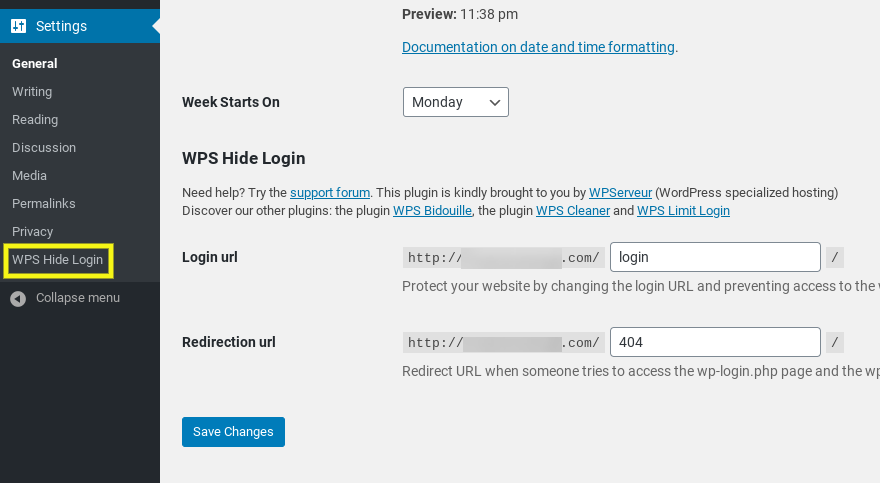 Les paramètres pour changer l'URL de connexion de WordPress avec le plugin WPS Hide Login.