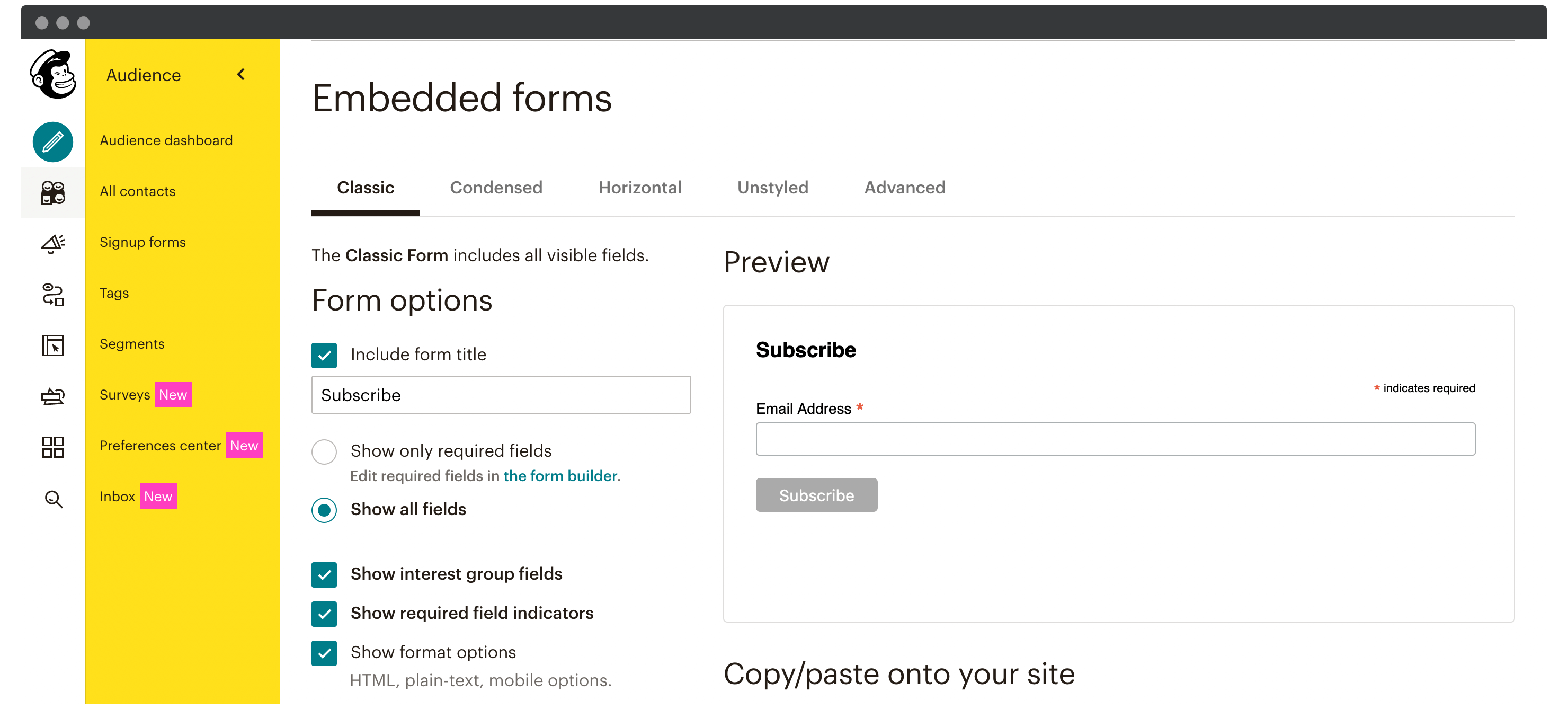 Les options d'intégration de formulaires de Mailchimp.