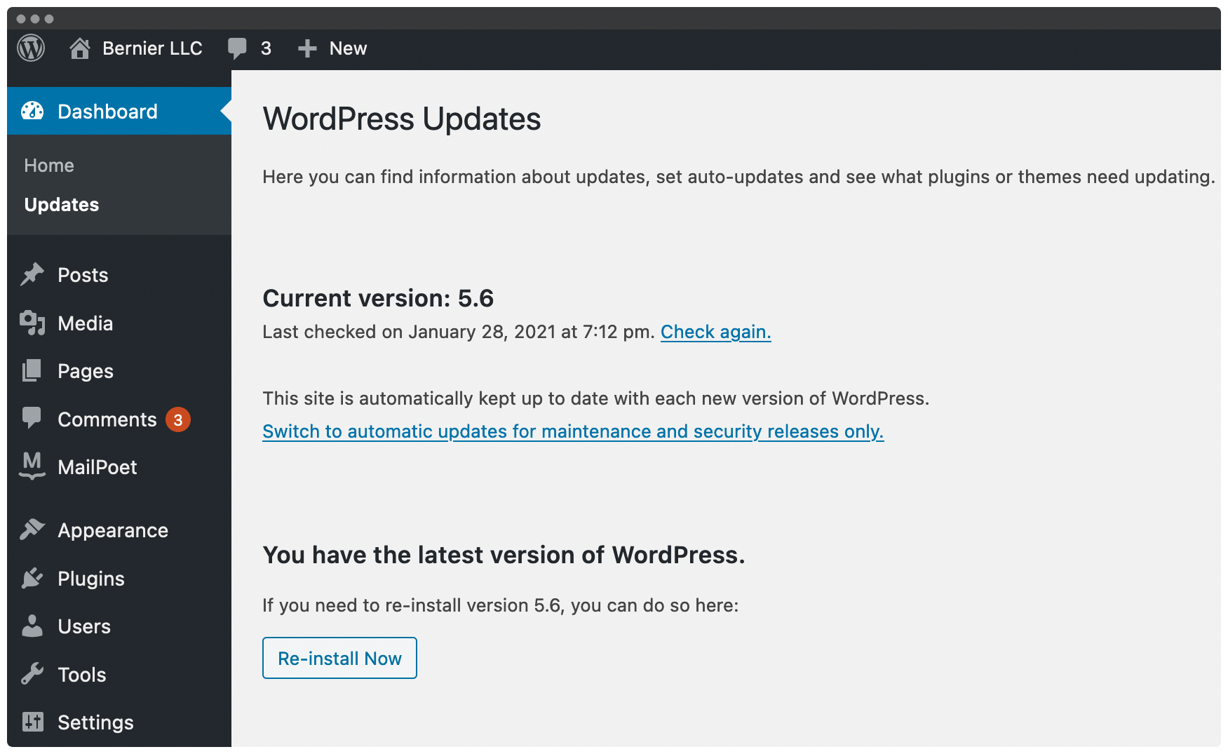 La page des mises à jour de WordPress. 