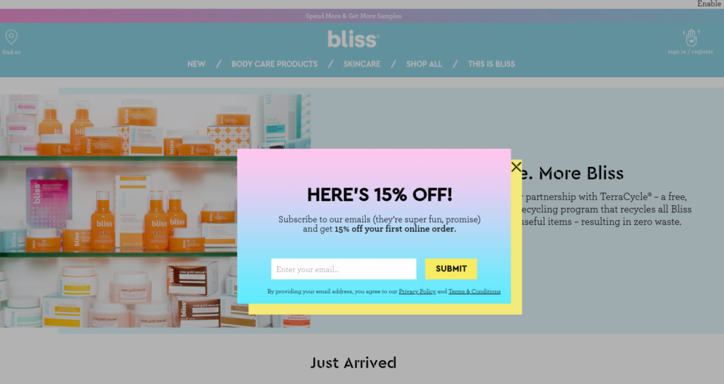 Un exemple de formulaire d'inscription par courriel sur le site Web de Bliss.